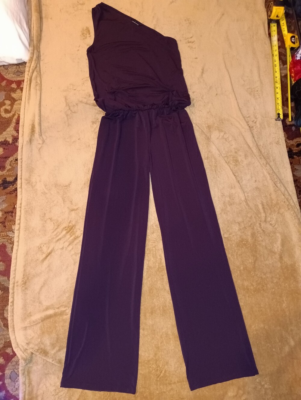 Moda International Asymmetric One-Shoulder Wide-Leg Jumpsuit in Deep Plum